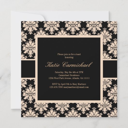 Uitnodiging voor zwarte & ivory Damask (Voorkant)