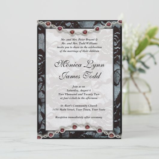 Uitnodiging voor zwarte kant en Rubies bruiloft (Staand voorkant)