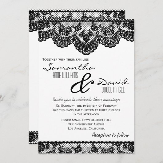 Uitnodiging voor zwarte kant en witte bruiloft (Voorkant / Achterkant)
