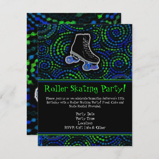 Uitnodiging voor zwarte persoonlijke rolschaatsen (Voorkant / Achterkant)