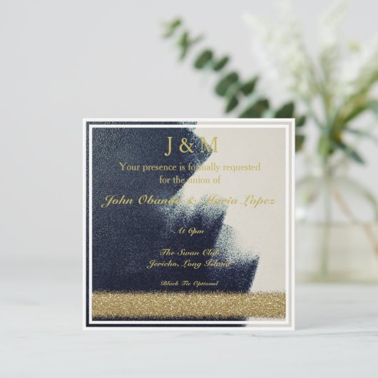 Uitnodiging voor zwarte, witte en gouden bruiloft (Staand voorkant)
