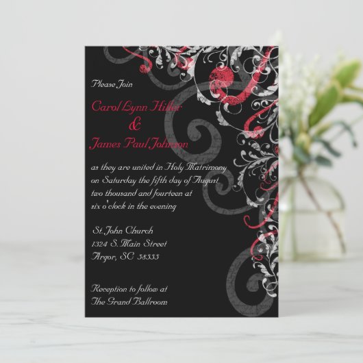 Uitnodiging voor zwarte, witte en rode bruiloft (Staand voorkant)
