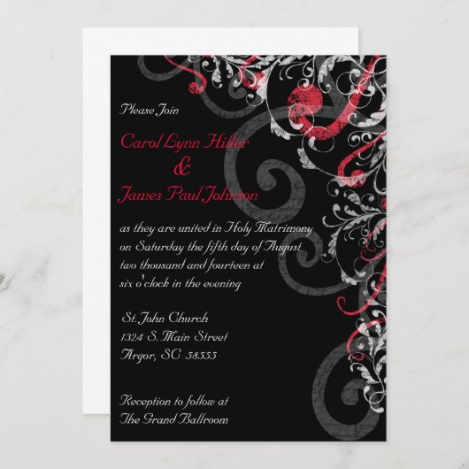 Uitnodiging voor zwarte, witte en rode bruiloft (Voorkant / Achterkant)