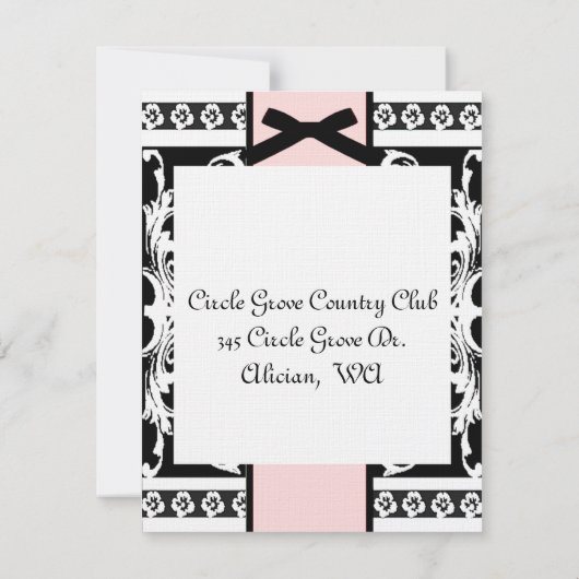 Uitnodiging voor zwarte, witte en roze feestdag (Achterkant)