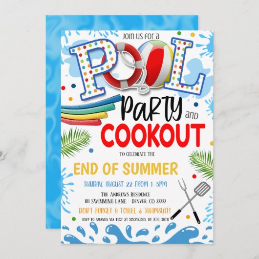 Uitnodiging voor zwembadfeest en barbecue (Voorkant / Achterkant)
