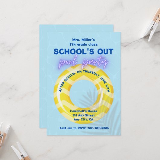 Uitnodiging voor zwembadfeest | Gele vlot (Voorkant / Achterkant in situ)