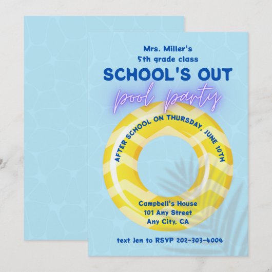 Uitnodiging voor zwembadfeest | Gele vlot (Voorkant / Achterkant)