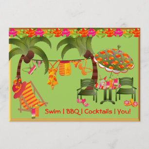 Uitnodiging voor zwembadfeest met BBQ-cocktails vo