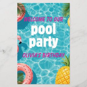 Uitnodiging voor zwembadfeest met flamingo en trop flyer