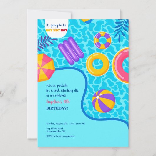 Uitnodiging voor zwembadfeest met floats (Voorkant)