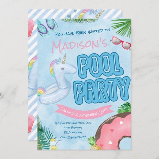 Uitnodiging voor zwembadfeest, zwembadfeest, zwemf (Voorkant / Achterkant)