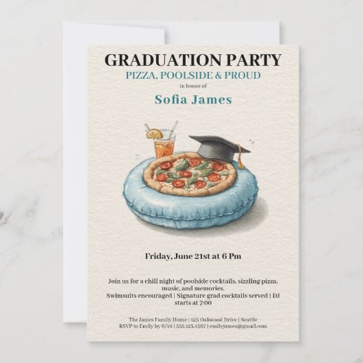 Uitnodiging voor zwembadfeestpizza afstudeerfeest (Voorkant)