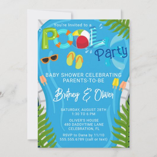 Uitnodiging voor zwemborrel zomer jongen baby show (Voorkant)