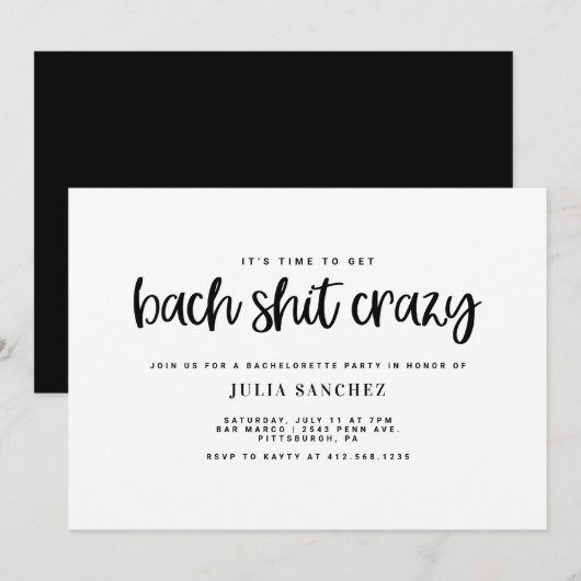 Uitnodiging vrijgezellenfeest BACH SH*T CRAZY (Voorkant / Achterkant)
