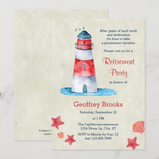 Uitnodiging vuurtoren Nautical Retirement Party (Voorkant / Achterkant)