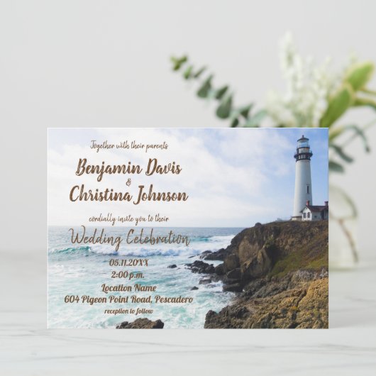 Uitnodiging vuurtoren voor bruiloft (Staand voorkant)