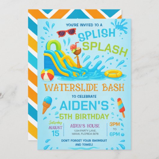 Uitnodiging Water Glijbaan Feest, Water Glijbaan V (Voorkant / Achterkant)