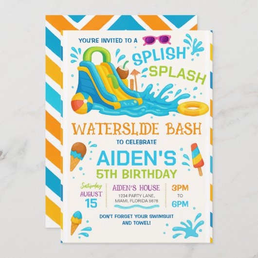 Uitnodiging Waterglijbaan Feest, Bewerkbare Waterg (Voorkant / Achterkant)