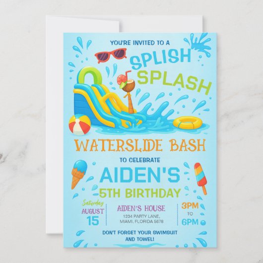 Uitnodiging Waterglijbaan Feest, Waterglijbaan Ver (Voorkant)