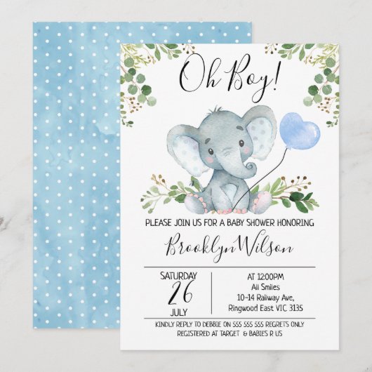 Uitnodiging Waterverf Baby shower Elephant (Voorkant / Achterkant)