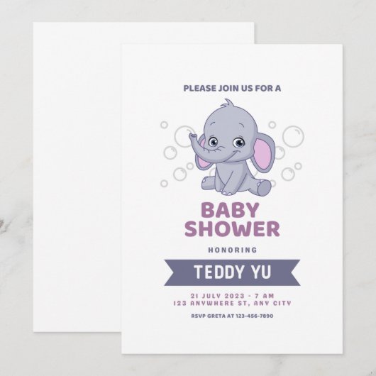 Uitnodiging Waterverf Baby shower Elephant (Voorkant / Achterkant)