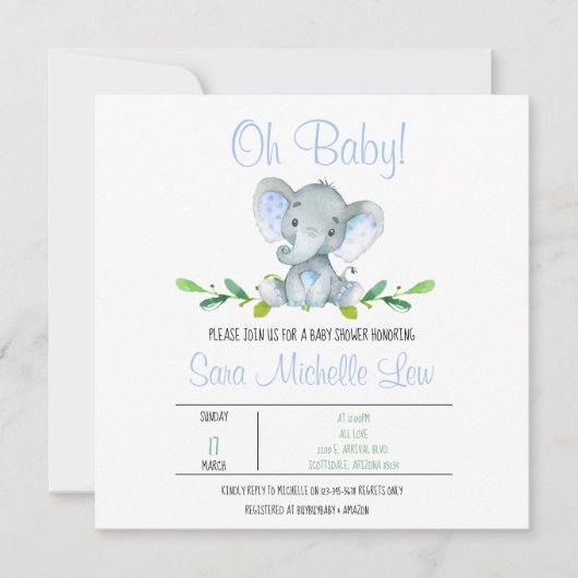 Uitnodiging Waterverf Baby shower Elephant (Voorkant)