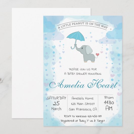 Uitnodiging Waterverf Baby shower Elephant (Voorkant / Achterkant)