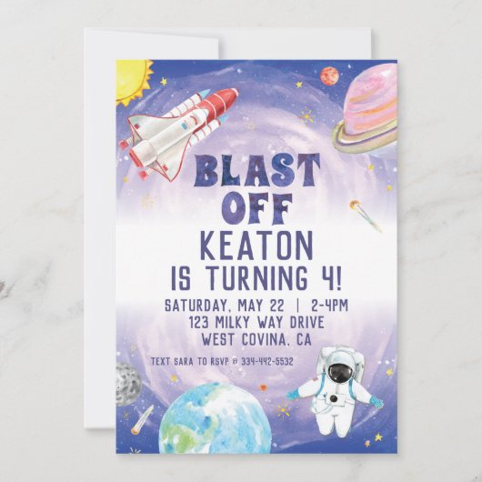 Uitnodiging waterverf laatste dag ruimtevaart (Voorkant)