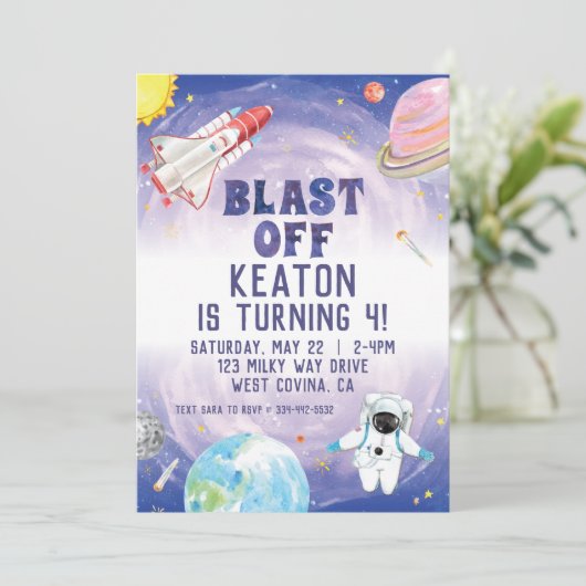 Uitnodiging waterverf laatste dag ruimtevaart (Staand voorkant)