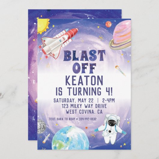 Uitnodiging waterverf laatste dag ruimtevaart (Voorkant / Achterkant)