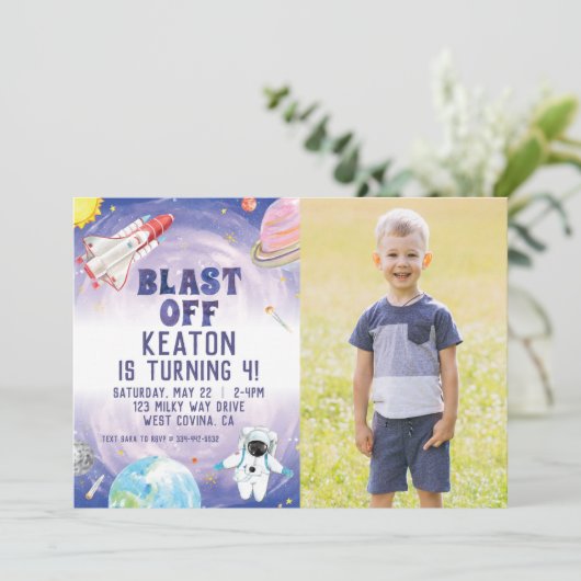 Uitnodiging waterverf laatste dag ruimtevaart (Staand voorkant)