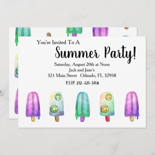 Uitnodiging waterverf Popsicle Summer (Voorkant / Achterkant)