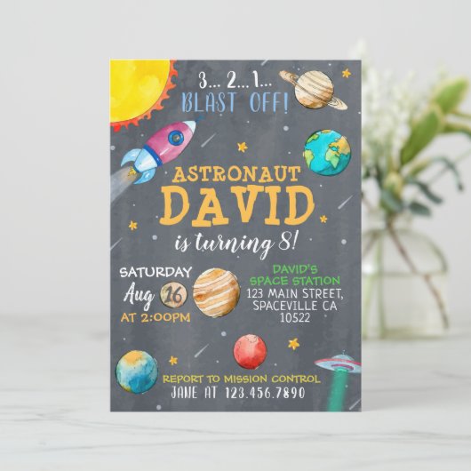 Uitnodiging waterverf Space Birthday (Staand voorkant)
