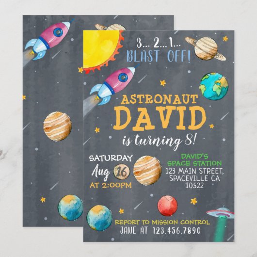 Uitnodiging waterverf Space Birthday (Voorkant / Achterkant)