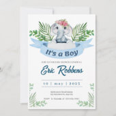 Uitnodiging Welkom Baby Jongen Douche Olifant (Voorkant)