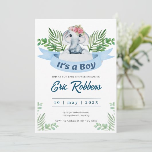 Uitnodiging Welkom Baby Jongen Douche Olifant (Staand voorkant)