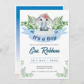 Uitnodiging Welkom Baby Jongen Douche Olifant (Voorkant / Achterkant)