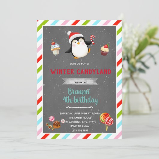 Uitnodiging winter candyland thema (Staand voorkant)