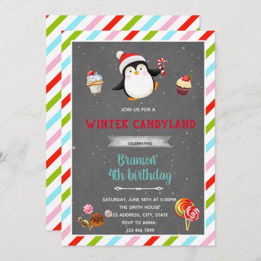 Uitnodiging winter snoepparadijs thema (Voorkant / Achterkant)