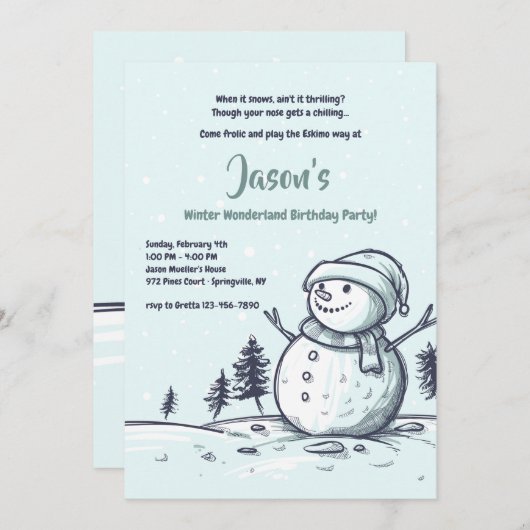 Uitnodiging winterpartij Snowman (Voorkant / Achterkant)