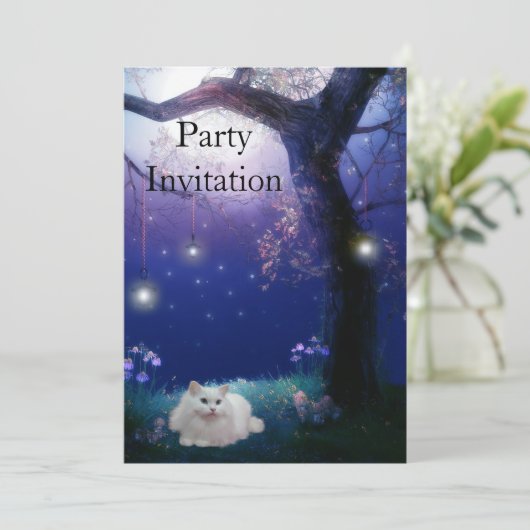 Uitnodiging witte kat bij de boompartij (Staand voorkant)