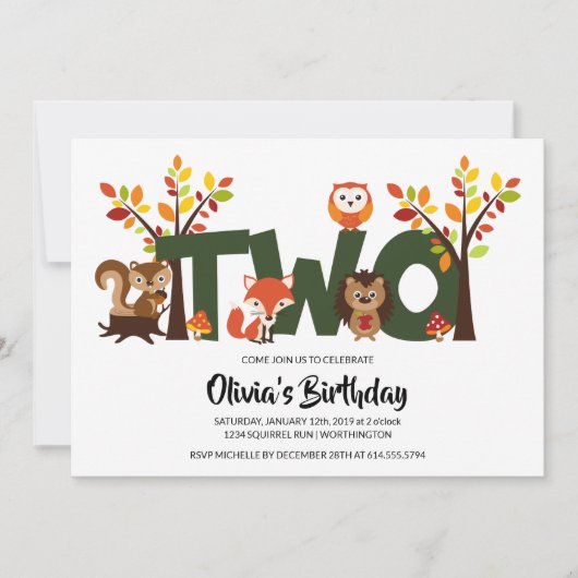 Uitnodiging Woodland Animal's Second Birthday Part (Voorkant)