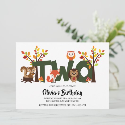 Uitnodiging Woodland Animal's Second Birthday Part (Staand voorkant)