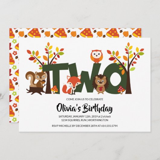 Uitnodiging Woodland Animal's Second Birthday Part (Voorkant / Achterkant)