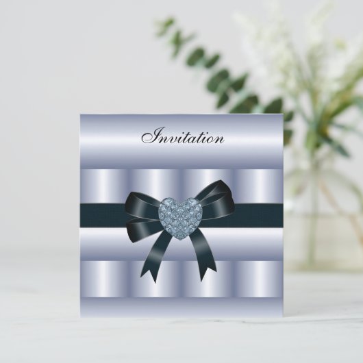 Uitnodiging Zijderblauw Zilverzwart Ruiteit (Staand voorkant)