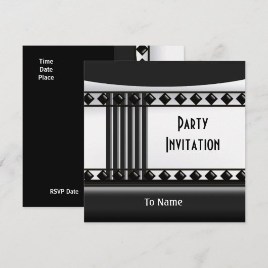 Uitnodiging Zizzago Black White Art Deco (Voorkant / Achterkant)