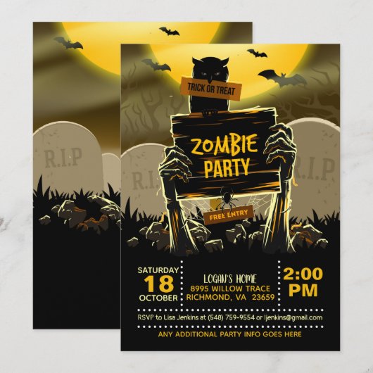 Uitnodiging Zombie Halloween Party (Voorkant / Achterkant)