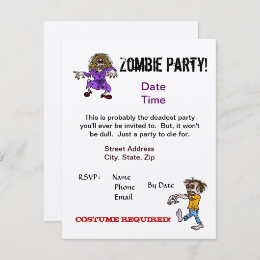 Uitnodiging Zombie-partij past het aan! (Voorkant / Achterkant)