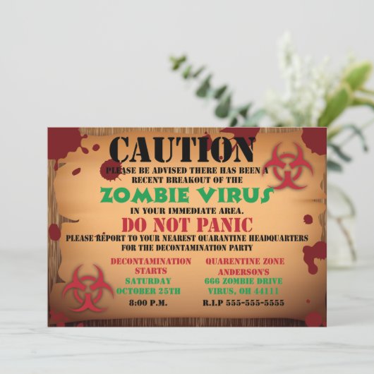 Uitnodiging Zombie Virus Halloween Party (Staand voorkant)