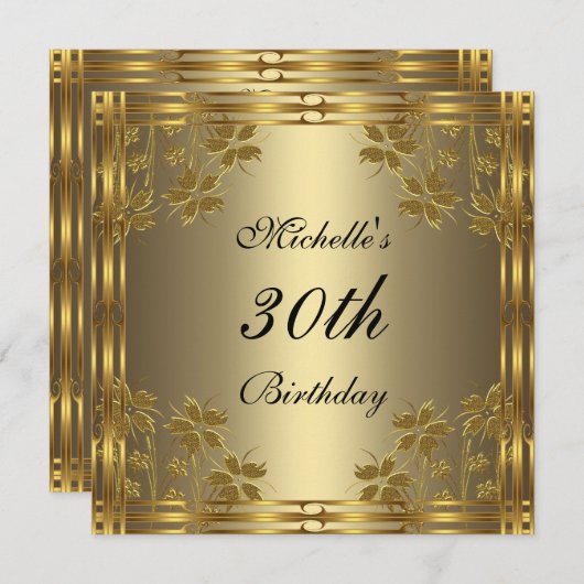 Uitnodiging Zwart Brons Goud & Gouden Bloemen (Voorkant / Achterkant)